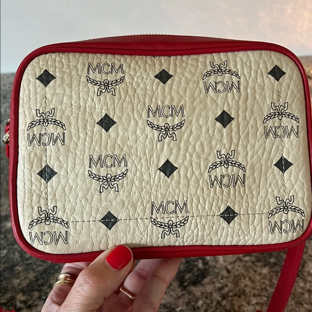 MCM Red and Cream Logo Crossbody Bag & Matching Card Holder